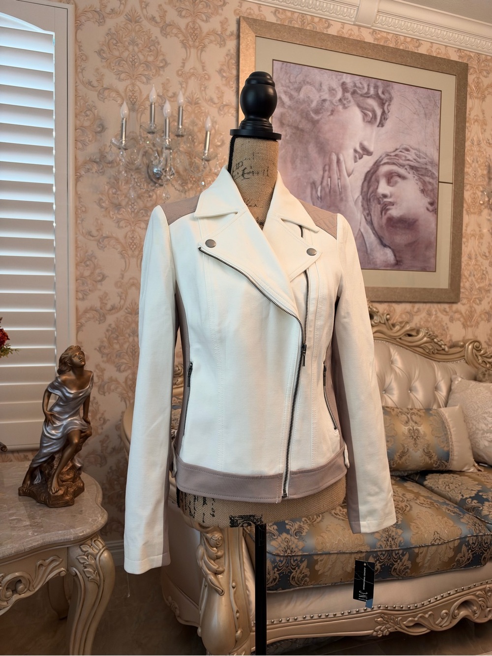 NEW—INC International Concepts Off-White&Taupe Leather Asymmetric Moto Jacket - Picture 4 of 10